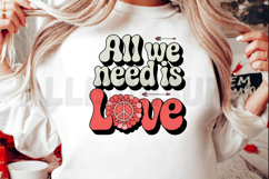 all we need is love, retro, groovy, love, 70s, peace, flower, hippie, vintage, text, typography, design, graphic, illustration, valentine, vector, cartoon, boho, bohemian, aesthetic, arrow, daisy, floral, peace sign, retro design, flower power, valentines