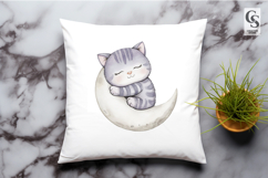 Sleeping Cat on Moon Watercolor Clipart Sublimation PNG Product Image 2