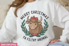 Merry Christmas Ya Filthy PNG, Highland Cow Sublimation PNG Product Image 1