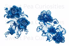 Embroidery, Flowers, Lace, Elements, Clipart, Blue, PNG Product Image 2