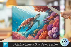 Sea Turtle Swimming Vibrant Coral Flowers Cutting Board PNG Product Image 1