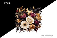 Black and Gold Flowers PNG, Watercolor Floral, Bouquet Product Image 1