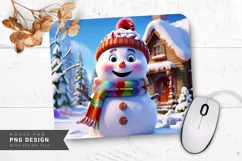 Snowman with Colorful Scarf Front of Snowy House Mouse Pad Product Image 1