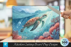 Majestic Turtle Swimming in Ocean Coral Cutting Board PNG Product Image 1