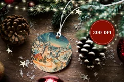 Christmas Village Ornament, Cute Winter Round Ornament Print Product Image 2