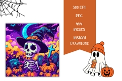 Neon Halloween Skull Square Coasters, Halloween Moon PNG Product Image 2