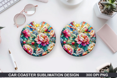 Flower Car Coaster Sublimation| Summer Flowers Coaster PNG Product Image 1