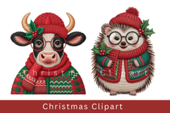 Cute Christmas Animal Clipart Cozy Winter Holiday PNG Product Image 1