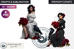 Gothic Girls with raven and roses fantasy PNG Clipart Product Image 1