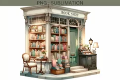 Watercolor Bookstore Illustration, Sublimation PNG Product Image 1