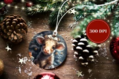 Christmas Baby Cow Round Ornament, Christmas Cow Product Tag Product Image 2