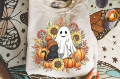 Retro Halloween Ghost And Cat Png, Floral Halloween Png. Product Image 2