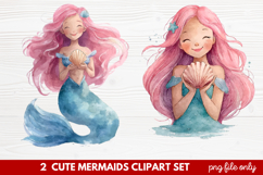 2 Cute Mermaids Clipart Set | Whimsical Mermaid Illustration Product Image 1