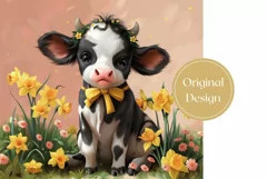 Baby Cow Tumbler Design, Daffodils Tumbler Template, Cow PNG Product Image 2