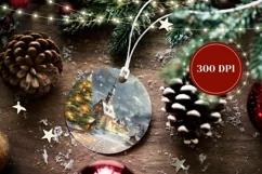 Watercolor Christmas Round Ornament, Christmas Village Print Product Image 2