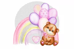 Teddy Bear Pink Balloons Rainbow PNG watercolor animal Clipa Product Image 2