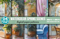 Watercolor Spring Scenes Digital Paper Background Bundle PNG Product Image 3