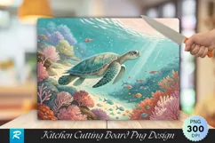 Sea Turtle in Vibrant Coral Reef Cutting Board PNG Design Product Image 1