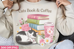 Cats, book &amp; coffee PNG, Reading Book Sublimation PNG Product Image 1