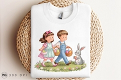 Easter Watercolor Kids With Bunny And Eggs Sublimation PNG Product Image 3