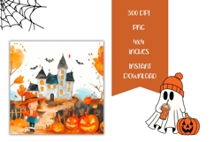 Kids Halloween Square Coasters, Watercolor Halloween PNG Product Image 2