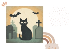 Cartoon Halloween Pillow, Black Cat Pillow, Bat PNG Product Image 2