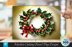 Holly And Ribbon Wreath Elegant Cutting Board PNG Product Image 1