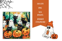 Watercolor Halloween Ghost Square Coasters, Black Cat Print Product Image 2