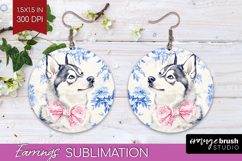 Alaskan Malamute Dog Round Earrings Blue Toile PNG Product Image 1