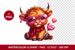 valentine png watercolor clipart - highland cow Product Image 1