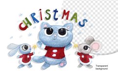 Illustration of a Christmas kitten with a hare and a mouse Product Image 5