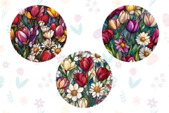 Stained Glass Flowers Round Keychain, Colorful Tulips PNG Product Image 2