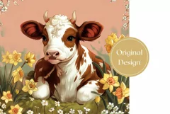 Baby Cow Tumbler Design, Daffodils Tumbler Sublimation PNG Product Image 2