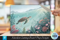 Serene Turtle in Pastel Underwater Floral Cutting Board PNG Product Image 1