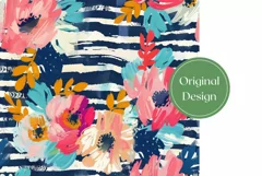 Art Flowers Tumbler Wrap Design, Blue Stripes Tumbler Design Product Image 2