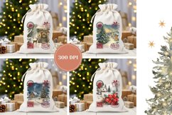 Watercolor Christmas Santa Sack, Christmas Village Gift Bag Product Image 2