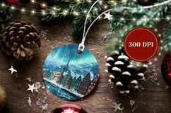 Winter Village Round Ornament, Winter Ornament Sublimation Product Image 2