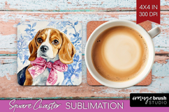 Beagle Dog Square Coaster Blue Toile Coaster PNG Sublimation Product Image 1