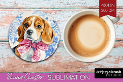 Beagle Dog Round Coaster Blue Toile Coaster PNG Sublimation Product Image 1