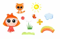 Watercolor cute girls with a kitten png Product Image 2