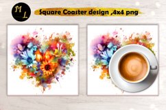Flowers heart Square Coaster,Watercolor spring sublimation Product Image 1