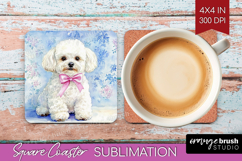 Bichon Frise Dog Square Coaster Blue Toile Coaster PNG Product Image 1