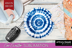 Blue Tie Dye Car Coaster - Shibori Coaster PNG Sublimation Product Image 1