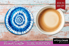 Blue Tie Dye Round Coaster - Shibori Coaster PNG Sublimation Product Image 1
