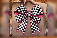 Checkered Bow PNG, Pink Coquette Bow Design, Black White Product Image 2
