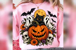 Black Cat Halloween PNG, Jack O Lantern Ghost Skull Design Product Image 1