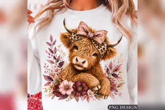 Floral Highland Cow PNG, Pink Leopard Bow Cow Design Product Image 2