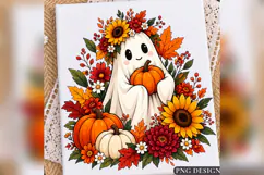 Cute Fall Ghost Pumpkin Sunflower PNG, Autumn Floral Hallowe Product Image 1