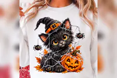 Cute Witch Black Cat Halloween PNG, Pumpkin Spider Web Spook Product Image 3