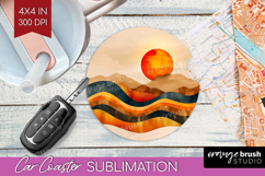 Boho Landscape Car Coaster - Minimalist Coaster PNG Product Image 1